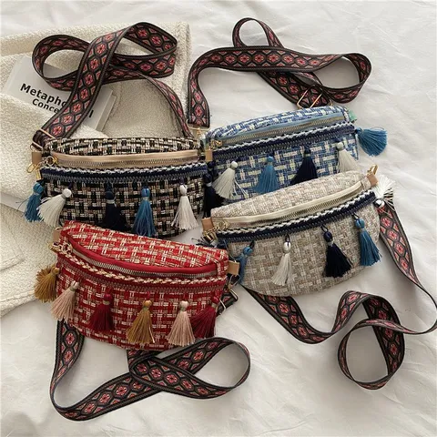 Women Woven Canvas Crossbody Bag National Tassel Shoulder Bag Retro Wide Strap Chest Bag Oval Small Zipper Handbag Daily Purse Travel Casual Fanny Pack