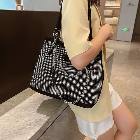Dames Strass Tote Bag Bling Kristallen Schoudertas Glinsterende Handtas Metalen Ketting Designer Stijl Street Fashion Okseltas