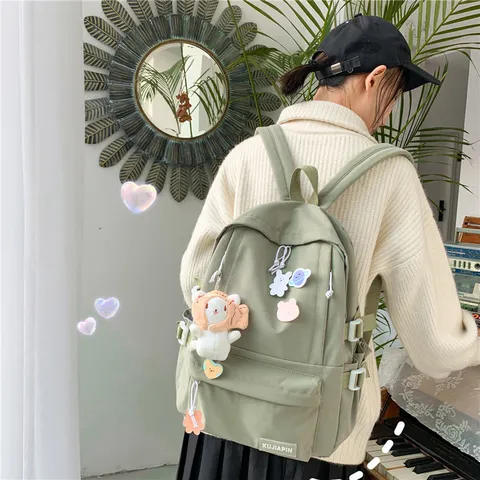 Mochila de Nailon Estilo Harajuku para Mujer Gran Capacidad Bolsa Escolar Estudiante Color Sólido Casual Sin Colgante