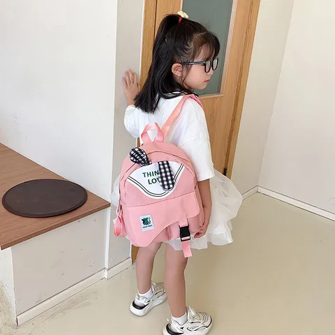 Mochila Linda para Niños Estilo Japonés Bolsa de Escuela de Nylon Orejas de Conejo de Cuadros Patrón de Sandía Color Macaron Bolsa de Doble Hombro para Niños Regalo