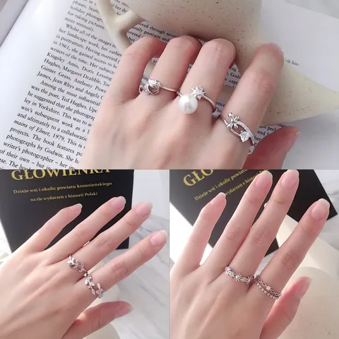 925 Sterlingsilber Verstellbarer Offener Ring Damen Eleganter Künstliche Perle Strass Blatt Schmetterling Fingerschmuck