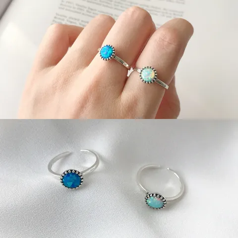 Vintage 925 Sterling Silber Opal Ring Für Damen Koreanischer Stil Verwittert Geometrisch Verstellbar Offener Ring Schmuck Geschenk