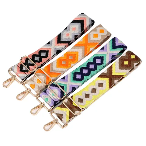 Ethnic Style Woven Polyester Cotton Bag Strap Multicolor Geometric Diamond Adjustable Crossbody Shoulder Wide Replacement Belt For Women