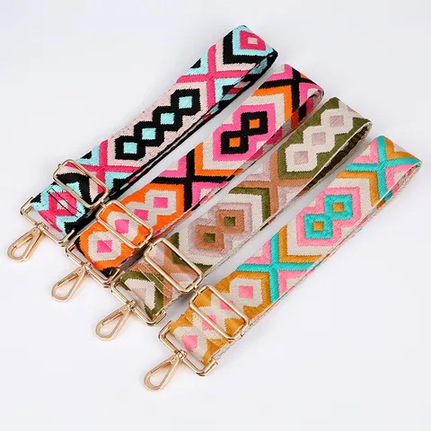 Ethnic Style Woven Polyester Cotton Bag Strap Multicolor Geometric Diamond Adjustable Crossbody Shoulder Wide Replacement Belt For Women