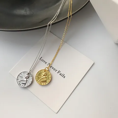 925 Sterlingsilber Vintage Münze Anhänger Halskette Für Damen Koreanischer Ins Stil Geprägtes Porträt Kette Schmuck Geschenk