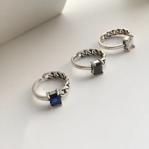 Retro Silber Strass Geometrisch Kettenglieder Offener Ring Antikisiert Rechteckiger Akzent Fingerring Für Damen Tägliche Mode Schmuck Geschenk