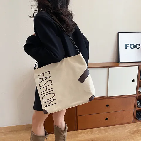 Large Capacity Canvas Tote Bag For Women Casual Commuter Shoulder Bag Fashion Letter Print Handbag Student Book Bag