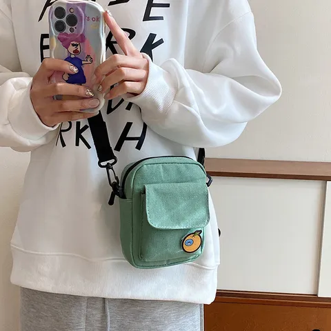 Japanese Style Canvas Crossbody Bag For Women Cute Cartoon Fruit Orange Patchwork Embroidery Small Square Shoulder Bag Casual Phone Purse Student Coin Pouch