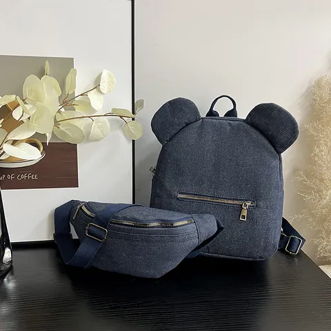 Cute Bear Ears Nylon Mini Backpack Chest Bag Set Korean Style Wear Resistant Small School Bag For Kids Women Daily Travel