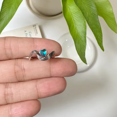Bague Ouverte Cœur Onde Rétro Vintage en Argent Sterling 925 Pierre Colorée Bijou Réglable
