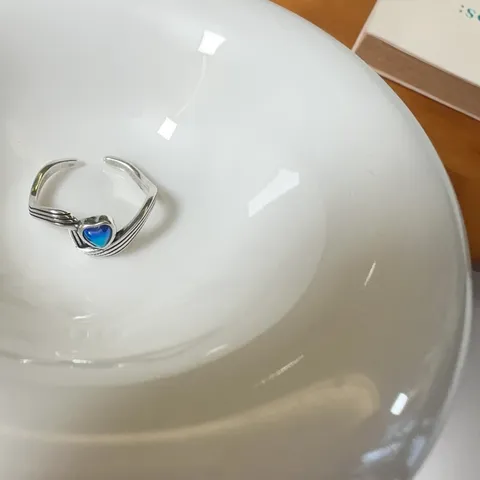 Bague Ouverte Cœur Onde Rétro Vintage en Argent Sterling 925 Pierre Colorée Bijou Réglable