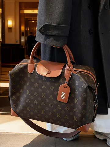 Vintage Monogram Travel Duffel Bag Large Capacity Waterproof PU Leather Weekender Bag Luggage Bag For Men Women