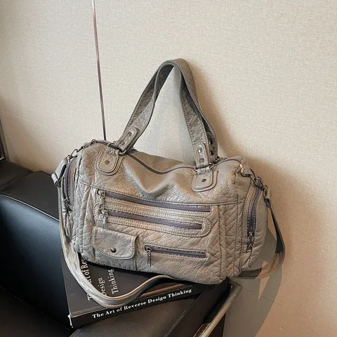 Retro Distressed PU Leather Motorcycle Bag Multi Zipper Large Capacity Crossbody Bag Casual Travel Handbag For Women