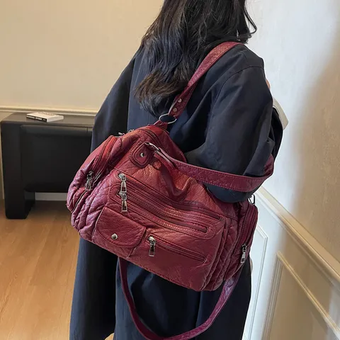Retro Distressed PU Leather Motorcycle Bag Multi Zipper Large Capacity Crossbody Bag Casual Travel Handbag For Women