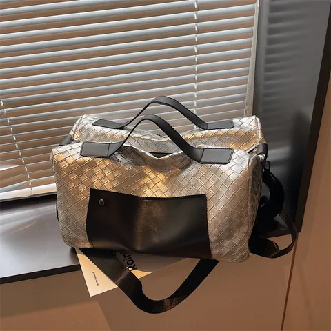 Borsa da Viaggio in Pelle PU Tessuta Grande Capacità Duffel Bag Borsa da Viaggio Casuale per Donna e Uomo Borsa a Mano Moda