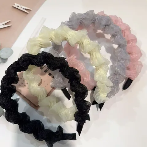 Doux Serre-tête Plissé en Mousseline pour Femmes Anneau à Cheveux Quotidien Décontracté Accessoires de Cheveux Couleur Unie Élégants