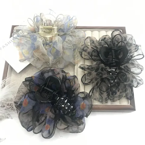 Grande Pince à Cheveux Bulle en Organza Doux Nuage Floral Léopard Requin Élégant Accessoires de Cheveux pour Femmes