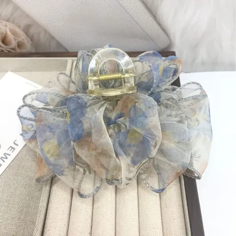 Grande Pince à Cheveux Bulle en Organza Doux Nuage Floral Léopard Requin Élégant Accessoires de Cheveux pour Femmes