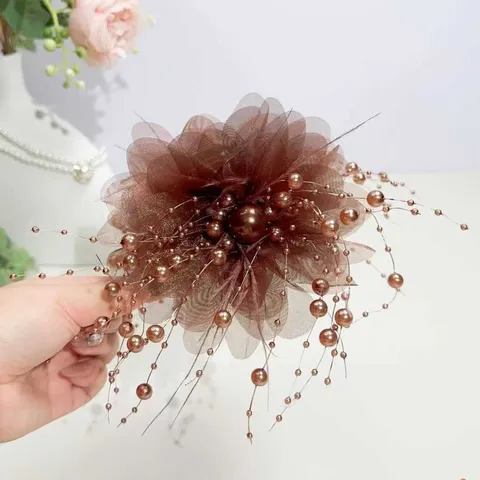 Pince à Cheveux Élégante en Maille Fleur de Pivoine Plume Perle Artificielle Goutte Clip Requin Accessoires Cheveux Femme