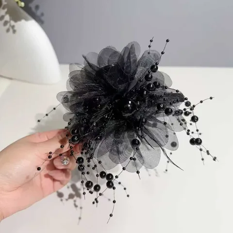 Pince à Cheveux Élégante en Maille Fleur de Pivoine Plume Perle Artificielle Goutte Clip Requin Accessoires Cheveux Femme