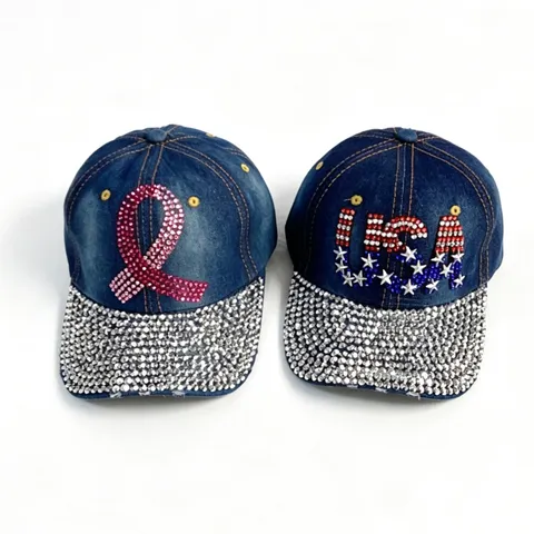 Femme Mode Casquette de Baseball en Denim Strass Drapeau Américain Lettre Visière Chapeau Réglable Chapeau de Soleil Extérieur