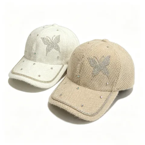 Damen Winter Warm Kunstnerz Vlies Baseball Kappe Strass Schmetterling Glänzend Ente Hut Mode Lässig Verstellbar Hut