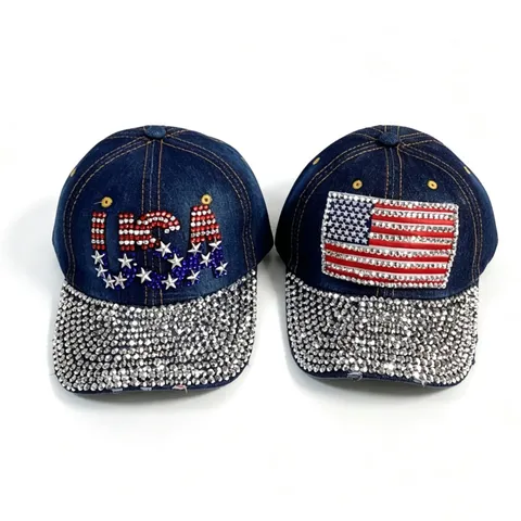 Femme Mode Casquette de Baseball en Denim Strass Drapeau Américain Lettre Visière Chapeau Réglable Chapeau de Soleil Extérieur