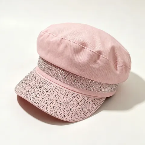 Women Fashion Flat Top Beret Hat Cotton Rhinestone Embellished Chic Newsboy Cap Casual Daily Headwear