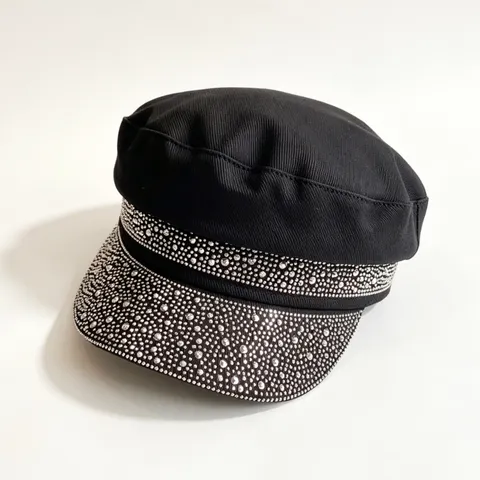 Women Fashion Flat Top Beret Hat Cotton Rhinestone Embellished Chic Newsboy Cap Casual Daily Headwear