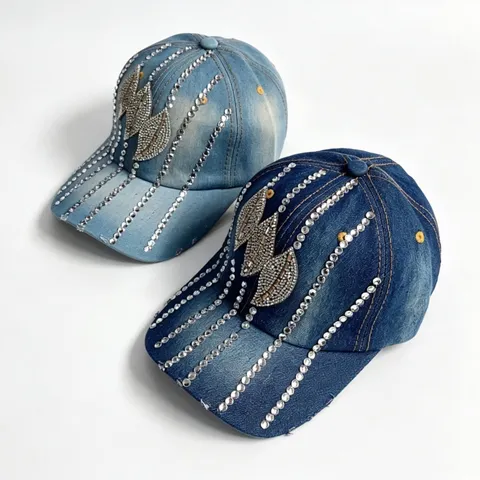 Gorra de Béisbol de Denim de Moda para Mujer Diamante de Imitación Tres Hojas Protección Solar Lavable Ajustable Sombrero de Viaje Casual al Aire Libre