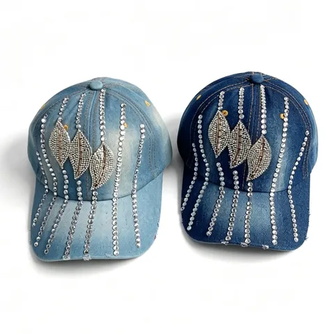Gorra de Béisbol de Denim de Moda para Mujer Diamante de Imitación Tres Hojas Protección Solar Lavable Ajustable Sombrero de Viaje Casual al Aire Libre