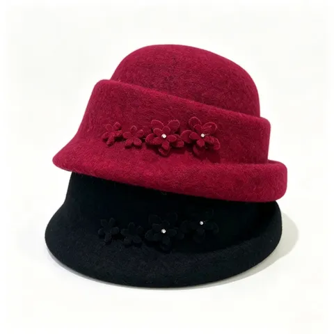 Elegant Wool Blend Flower Fedora Hat For Women Winter Warm Rhinestone Embellished Short Brim Adjustable Church Bucket Hat Jewelry Accessories