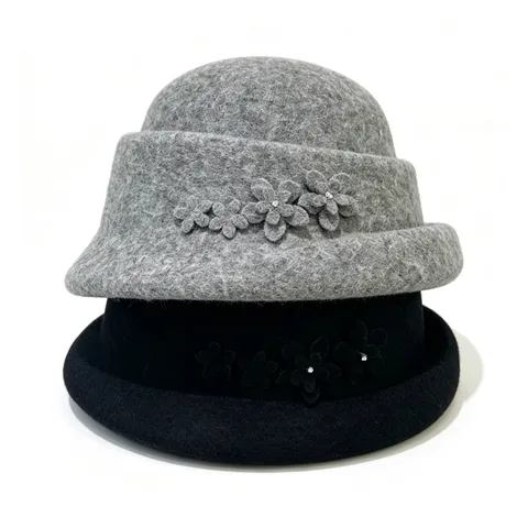 Elegant Wool Blend Flower Fedora Hat For Women Winter Warm Rhinestone Embellished Short Brim Adjustable Church Bucket Hat Jewelry Accessories
