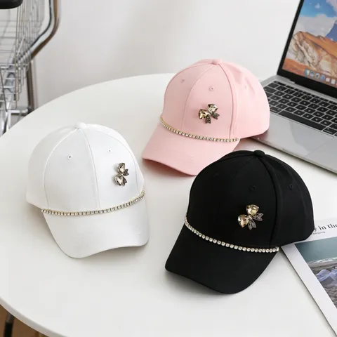 Kids Rhinestone Bowknot Baseball Cap Cotton Curved Brim Sun Protection Hat Girls Fashion Solid Color Casual Adjustable Hat