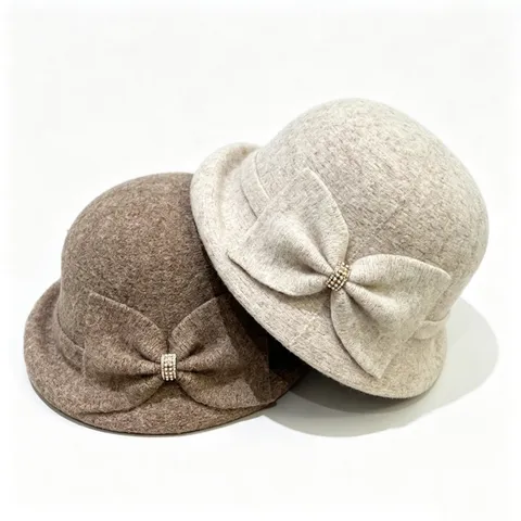 French Vintage Wool Blend Bowknot Bucket Hat For Women Autumn Winter Warm Rhinestone Cloche Hat Elegant Lady Basin Hat