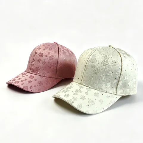 Fashion Women Polyester Satin Floral Embroidery Baseball Cap Luxurious Shiny Rhinestone Sunshade Curved Brim Adjustable Outdoor Leisure Sport Hat