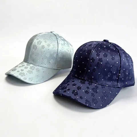 Fashion Women Polyester Satin Floral Embroidery Baseball Cap Luxurious Shiny Rhinestone Sunshade Curved Brim Adjustable Outdoor Leisure Sport Hat
