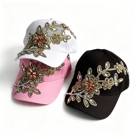 Gorra de Béisbol de Moda Denim Algodón Flores Strass Casual Protección Solar Visera Curva Parasole Para Mujeres