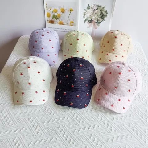 Sweet Waffle Baseball Cap With Rhinestone Cherry Strawberry Cute Adjustable Sun Protection Hat For Women Daily Travel
