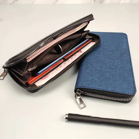 Portafoglio Lungo in Tela da Uomo Grande Capacità Multi Scomparti per Carte Cerniera Business Pochette
