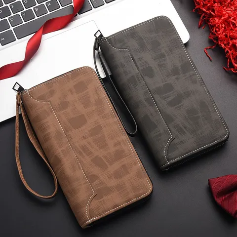 Portafoglio Lungo in Pelle PU da Uomo Casual d'Affari Pochette con Cerniera Grande Capacità Multi-Carta Cinturino da Polso