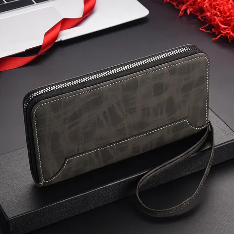 Portafoglio Lungo in Pelle PU da Uomo Casual d'Affari Pochette con Cerniera Grande Capacità Multi-Carta Cinturino da Polso