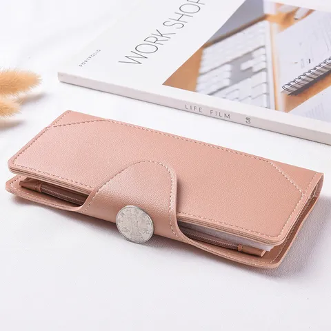 Portafoglio Lungo da Donna in Pelle PU Scomparti Multipli per Carte Portamonete Pochette con Zip Casual Tinta Unita