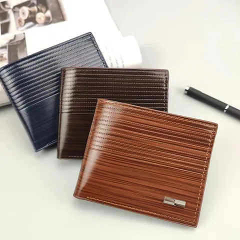 Portafoglio Corto da Uomo Business in Pelle PU Tinta Unita Gessato Tasche per Carte Portamonete con Cerniera Moda