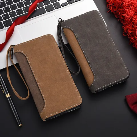 Portafoglio Lungo da Uomo in Pelle PU Borsetta con Chiusura Lampo Multifunzionale Vintage Portacarte Borsa Telefono Portamonete Casual Retro