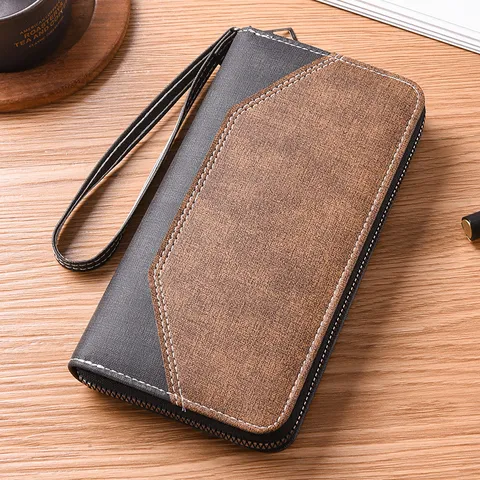 Portafoglio Lungo da Lavoro per Uomo Multi-Carte Retro Pochette in Pelle PU Chiusura Lampo Portamonete Cinturino da Polso Casual
