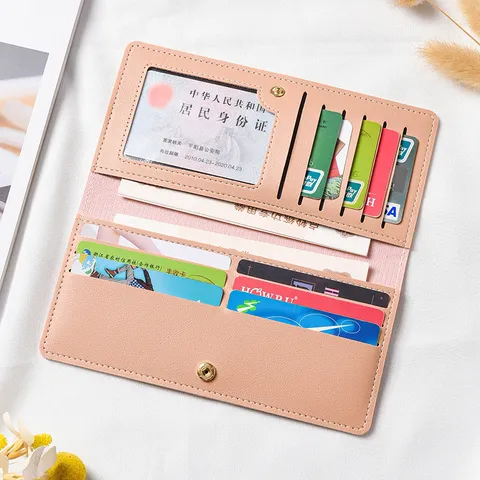 Portafoglio Lungo da Donna in Pelle PU Minimalista Tinta Unita Bottone Automatico Portamonete Scomparti Multipli Pochette alla Moda