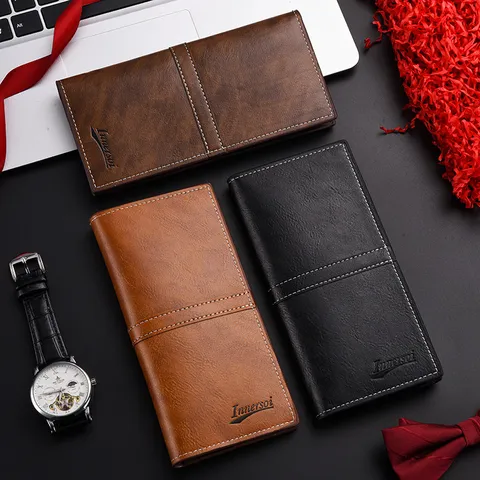 Portafoglio Lungo da Uomo in Pelle PU Sottile Bifold con Molte Fessure per Carte e Tasche per Contanti per Uso Quotidiano