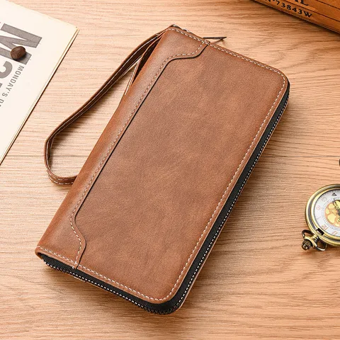 Portafoglio Lungo in Pelle PU con Chiusura Lampo da Uomo Grande Capacità Borsa a Tracolla Casual d'Affari Porta Carte