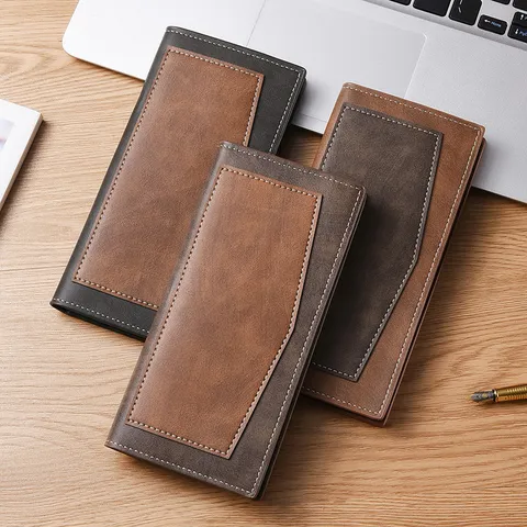 Portafoglio Lungo da Uomo in Pelle PU Bifold Pochette Porta Carte Multipla Grande Capacità Business Casual Borsellino Tasca con Cerniera
